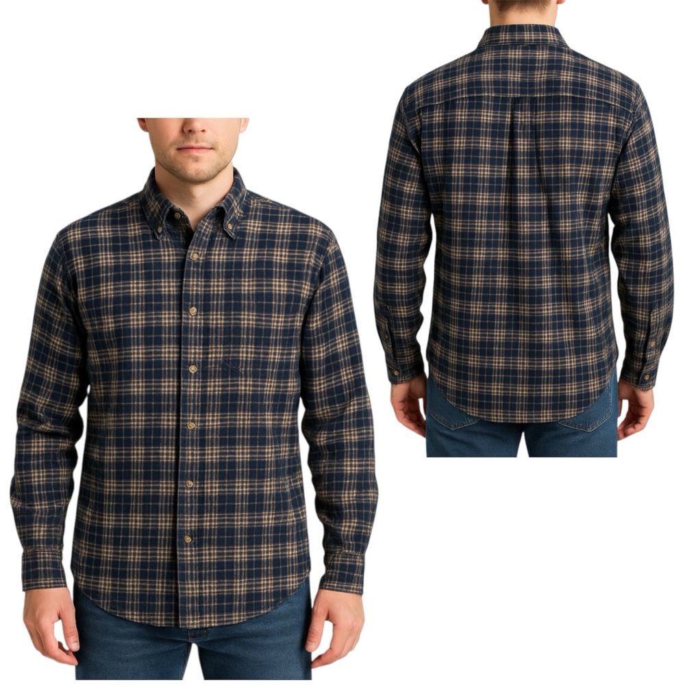 Naturalife Men’s Plaid Flannel Shirt Size M Blue Beige 100% Cotton Long Sleeve